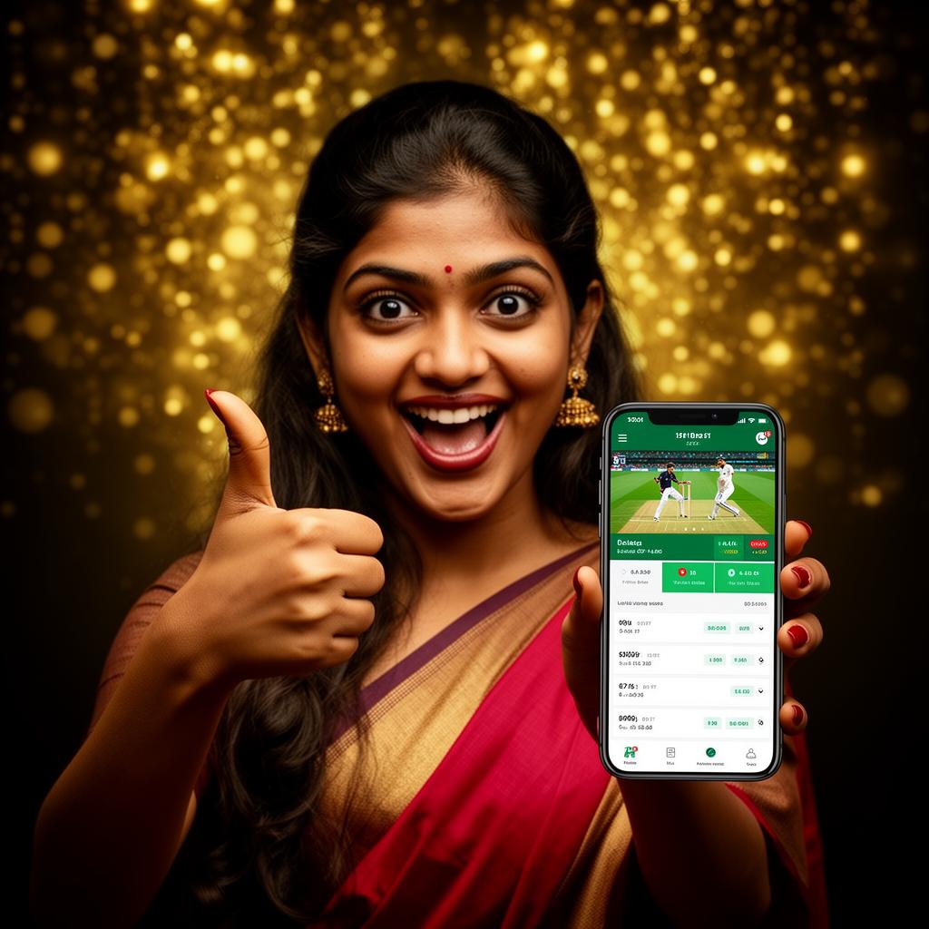 Excited user with cricket betting app on smartphone