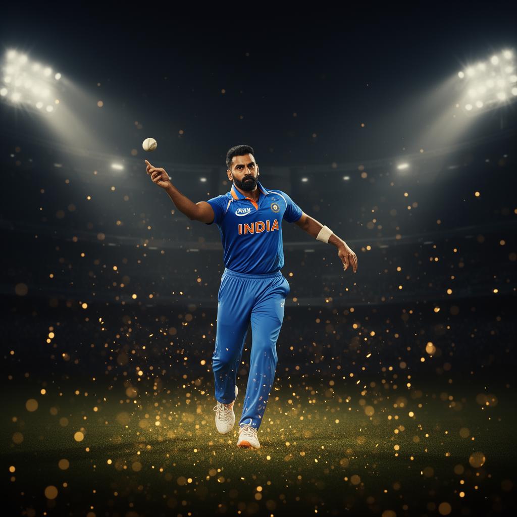 Cricket player in action under stadium lights