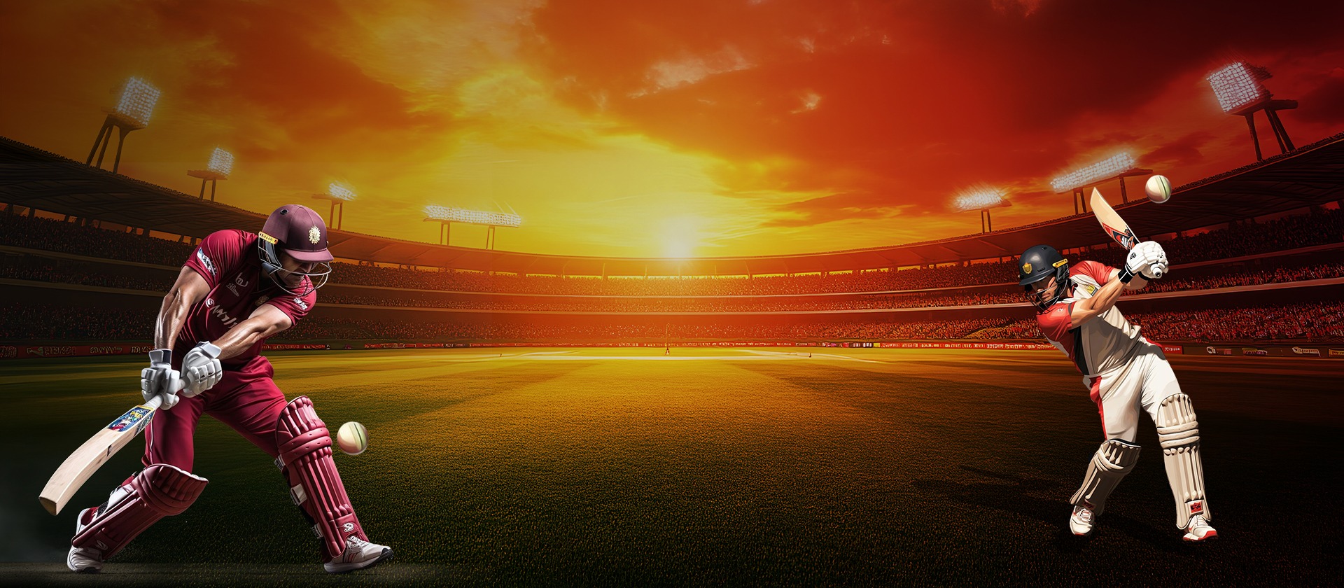 Packed cricket stadium at night with dramatic floodlights